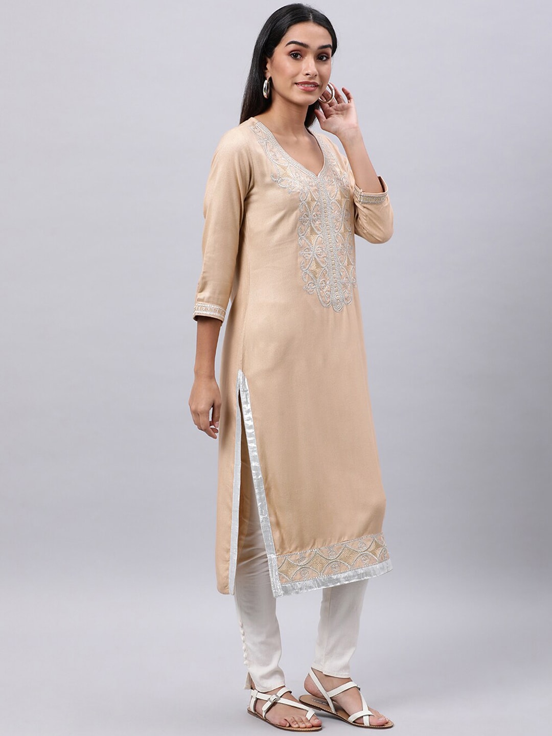 Souchii Beige & shifting sand Thread Work Grandeur & Majestic Artwork Kurta - Distacart