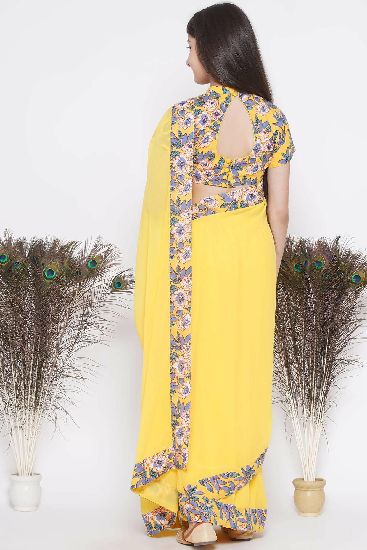 Little Bansi Floral Print Ready To Wear Saree And Floral Blouse - Yellow - Distacart
