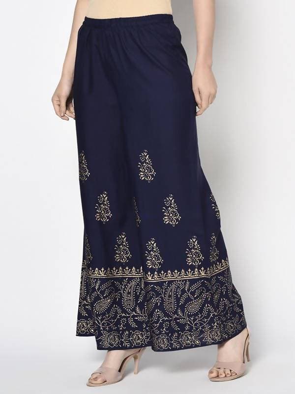 Aniyah Rayon Navy Blue Color Block Print Flared Slip-On Palazzo (AN-211K)