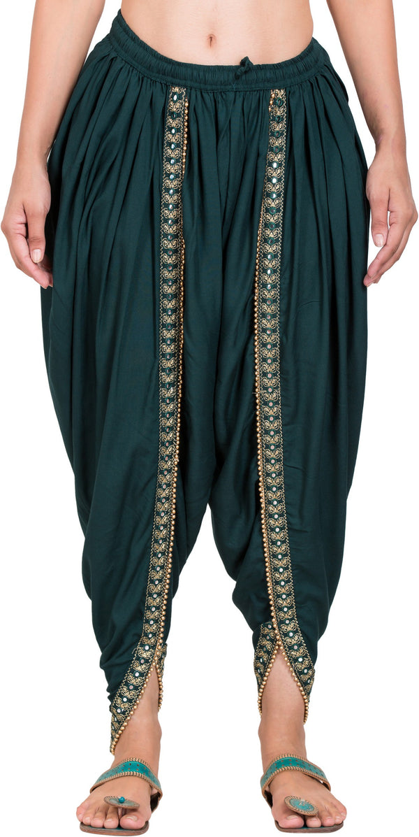 PAVONINE Bottle Green Color Embellished Beetel Rayon Fabric Patiala For Women & Girls - Distacart