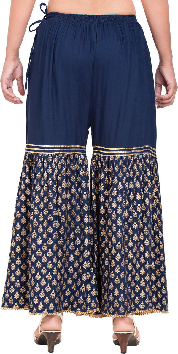 PAVONINE Navy Blue Color 3-Panels Sequence Printed Flared Sharara For Women & Girls - Distacart