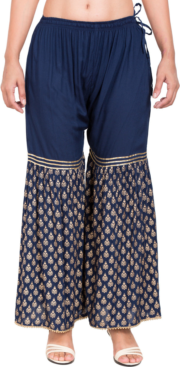 PAVONINE Navy Blue Color 3-Panels Sequence Printed Flared Sharara For Women & Girls - Distacart