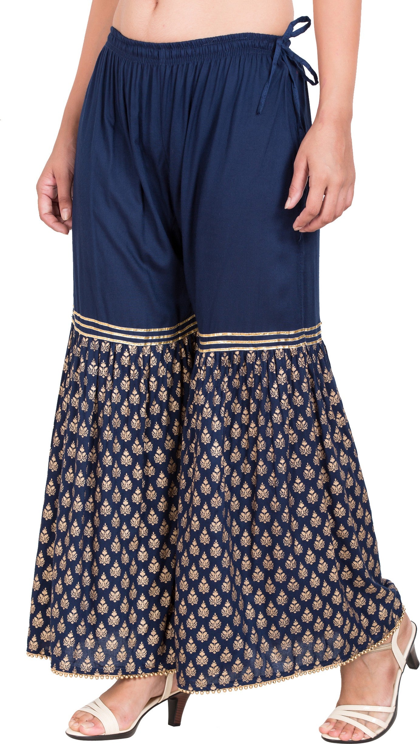 PAVONINE Navy Blue Color 3-Panels Sequence Printed Flared Sharara For Women & Girls - Distacart