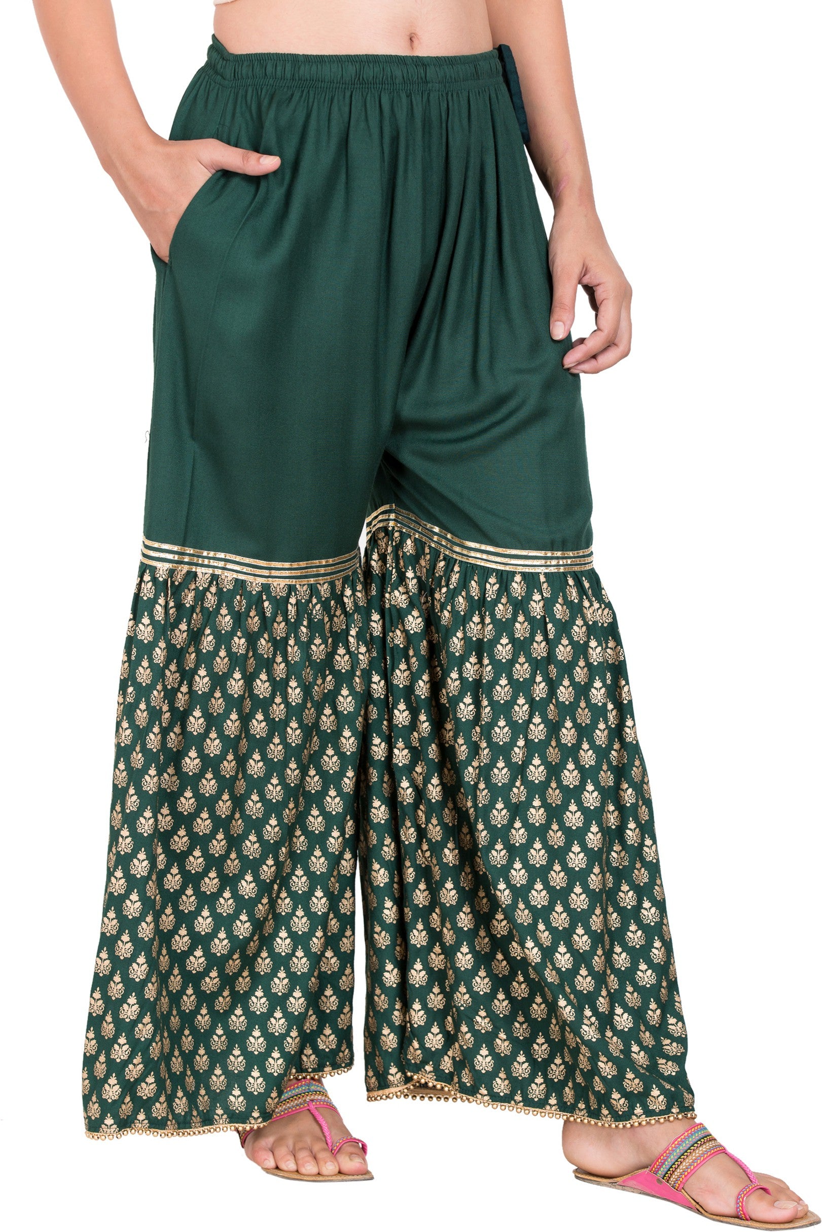 PAVONINE Bottle Green Color 3-Panels Sequence Printed Flared Sharara For Women & Girls - Distacart