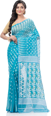 Thumbnail for Desh Bidesh Embellished Jamdani Handloom Cotton Blend Saree (Blue) - Distacart