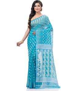 Thumbnail for Desh Bidesh Embellished Jamdani Handloom Cotton Blend Saree (Blue) - Distacart