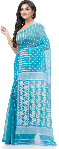 Thumbnail for Desh Bidesh Embellished Jamdani Handloom Cotton Blend Saree (Blue) - Distacart