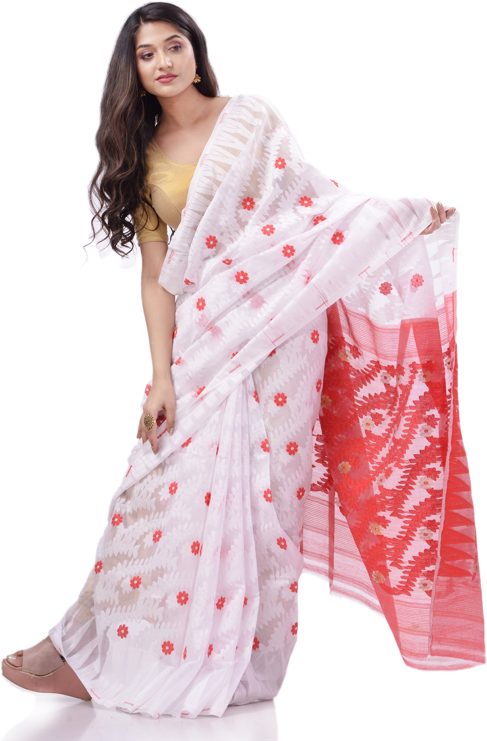 Desh Bidesh Woven Handloom Cotton Silk Saree (Red) - Distacart