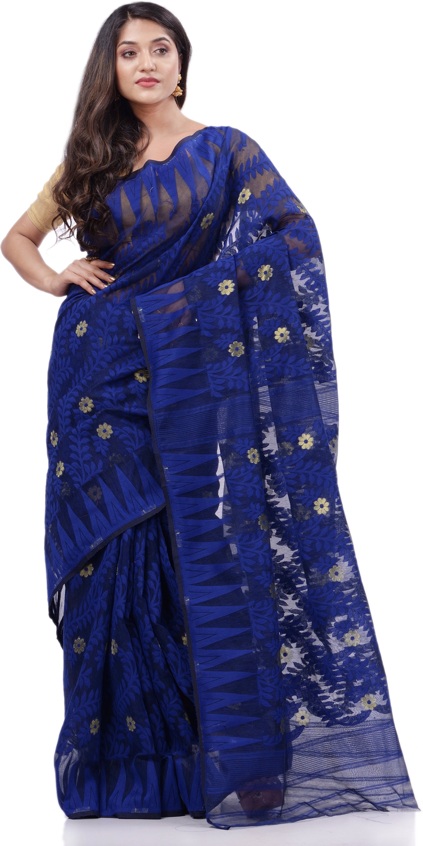 Desh Bidesh Woven Handloom Cotton Silk Saree (Dark Blue) - Distacart