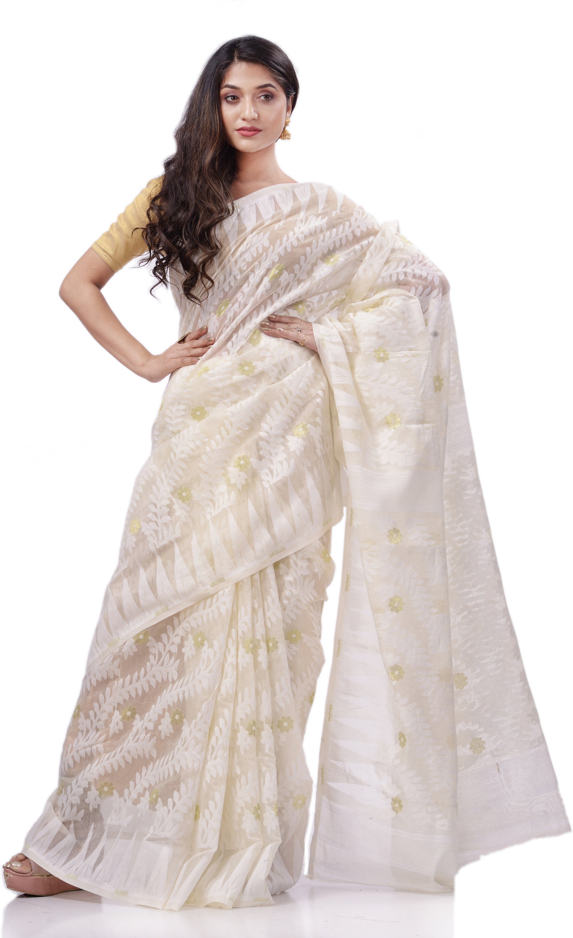 Desh Bidesh Woven Handloom Cotton Silk Saree (White) - Distacart