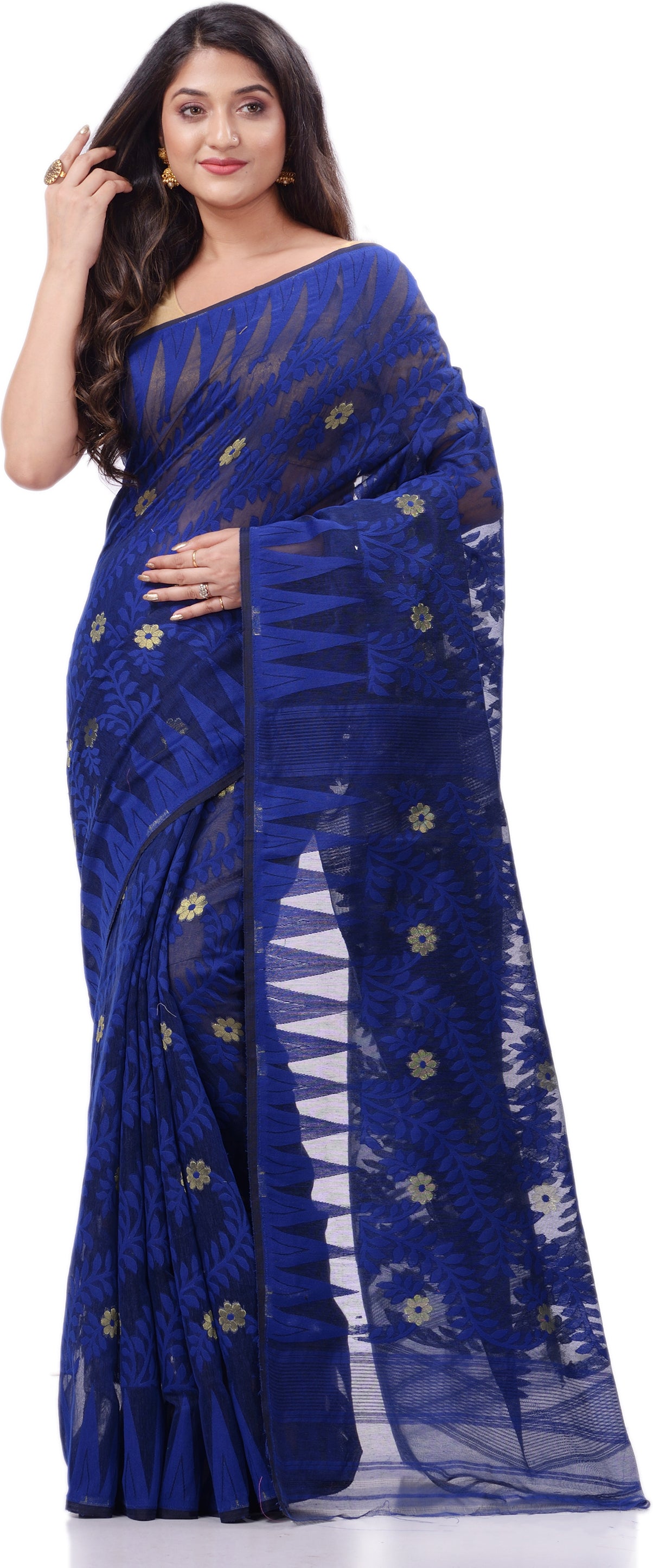 Desh Bidesh Woven Handloom Cotton Silk Saree (Dark Blue) - Distacart