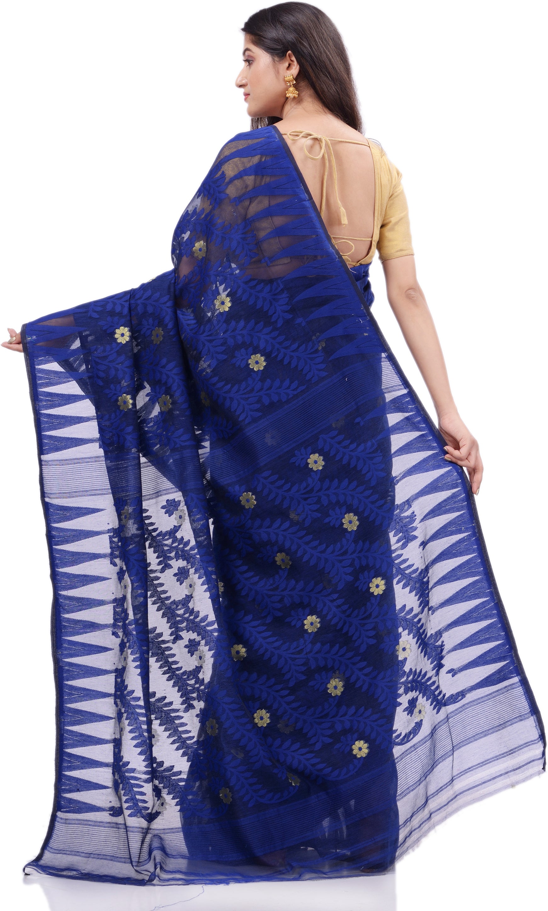 Desh Bidesh Woven Handloom Cotton Silk Saree (Dark Blue) - Distacart