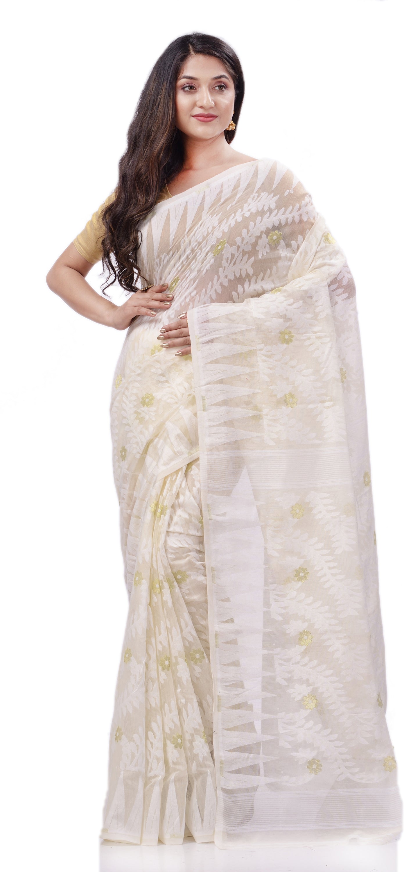 Desh Bidesh Woven Handloom Cotton Silk Saree (White) - Distacart