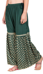 Thumbnail for PAVONINE Bottle Green Color 3-Panels Sequence Printed Flared Sharara For Women & Girls - Distacart