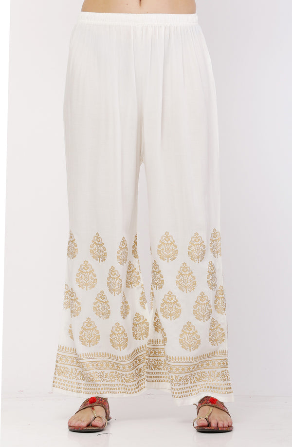 PAVONINE White Color Golden Printed Rayon Fabric Sharara For Women & Girls - Distacart