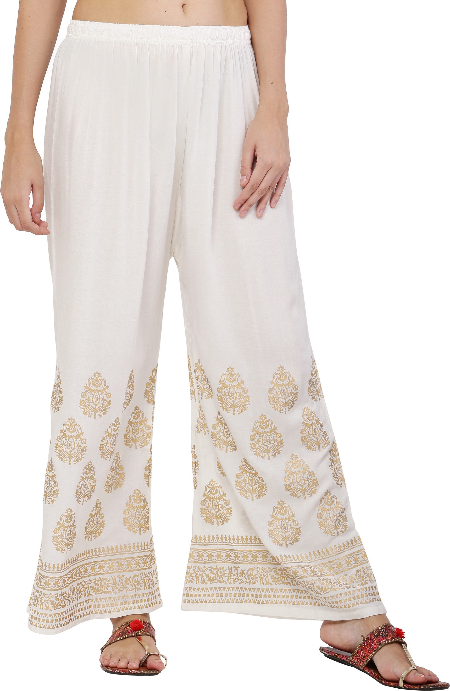PAVONINE White Color Golden Printed Rayon Fabric Sharara For Women & Girls - Distacart