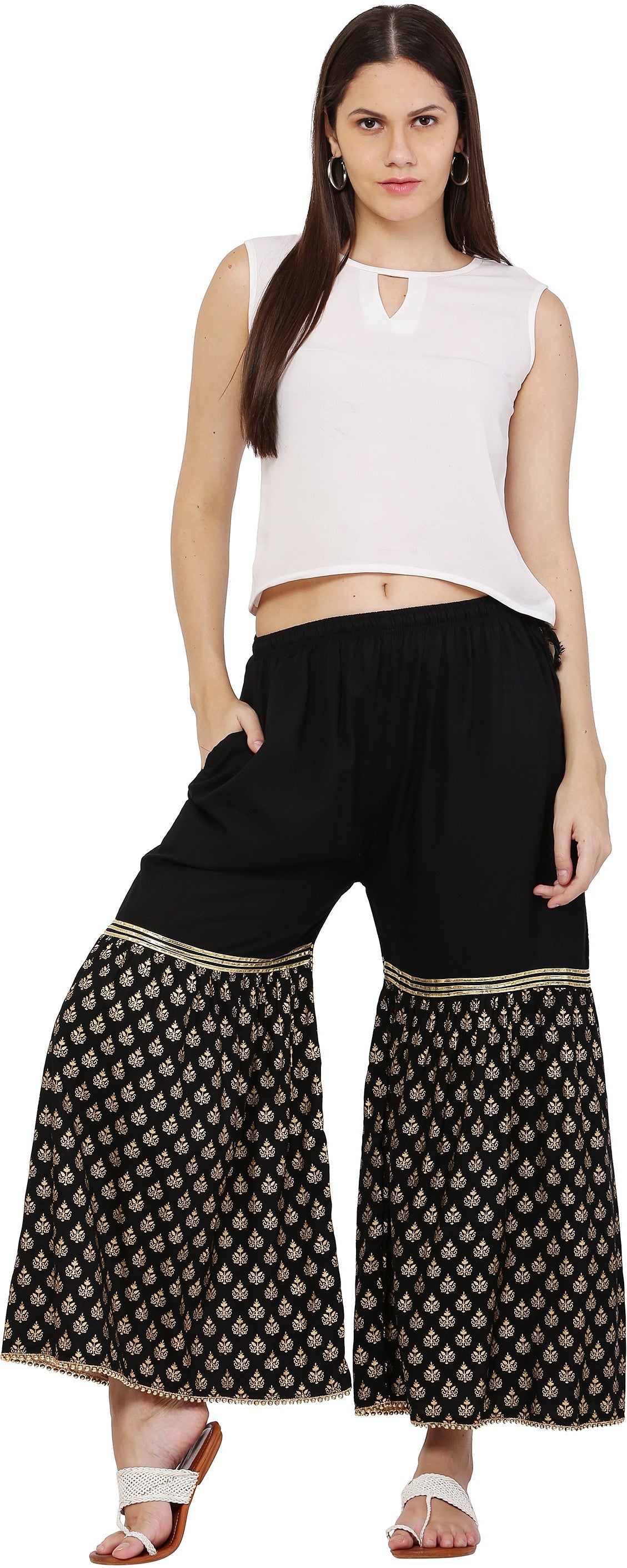 PAVONINE Black Color 3-Panels Sequence Printed Flared Sharara For Women & Girls - Distacart