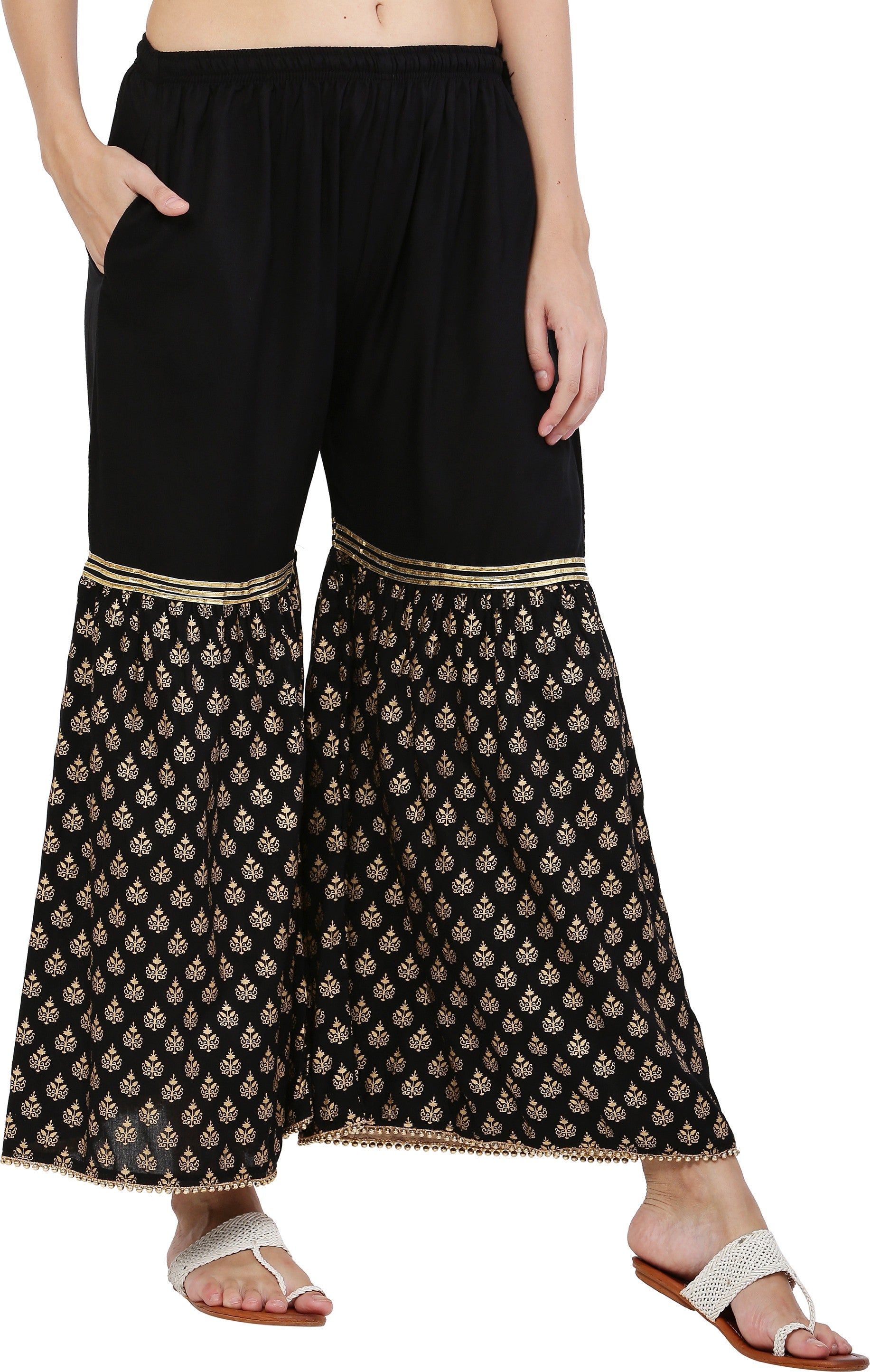 PAVONINE Black Color 3-Panels Sequence Printed Flared Sharara For Women & Girls - Distacart