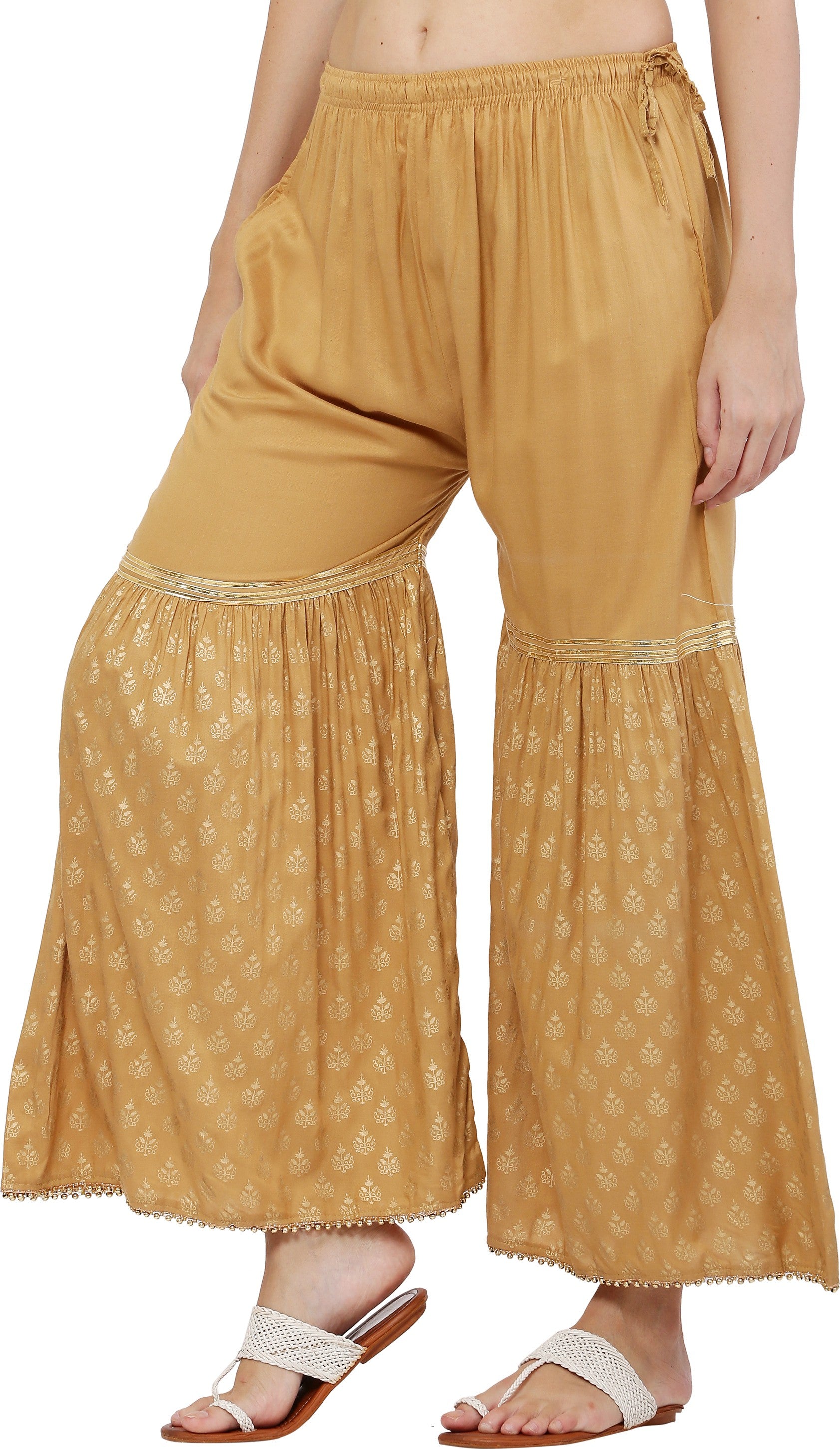 PAVONINE Beige Color 3-Panels Sequence Printed Flared Sharara For Women & Girls - Distacart