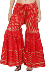Thumbnail for PAVONINE Red Color 3-Panels Golden Printed Flared Sharara For Women & Girls - Distacart