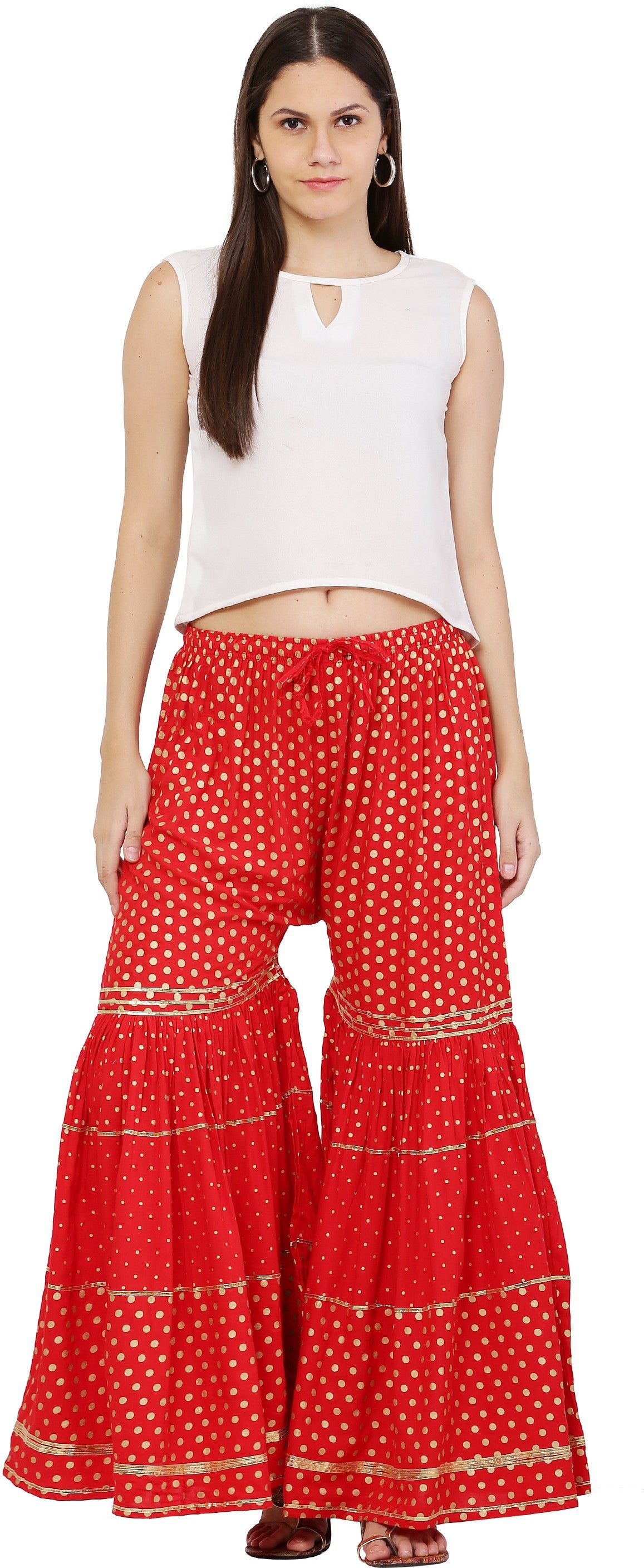 PAVONINE Red Color 3-Panels Golden Printed Flared Sharara For Women & Girls - Distacart