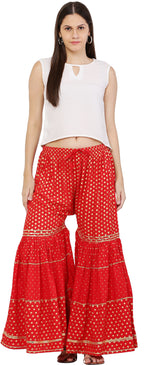 Thumbnail for PAVONINE Red Color 3-Panels Golden Printed Flared Sharara For Women & Girls - Distacart