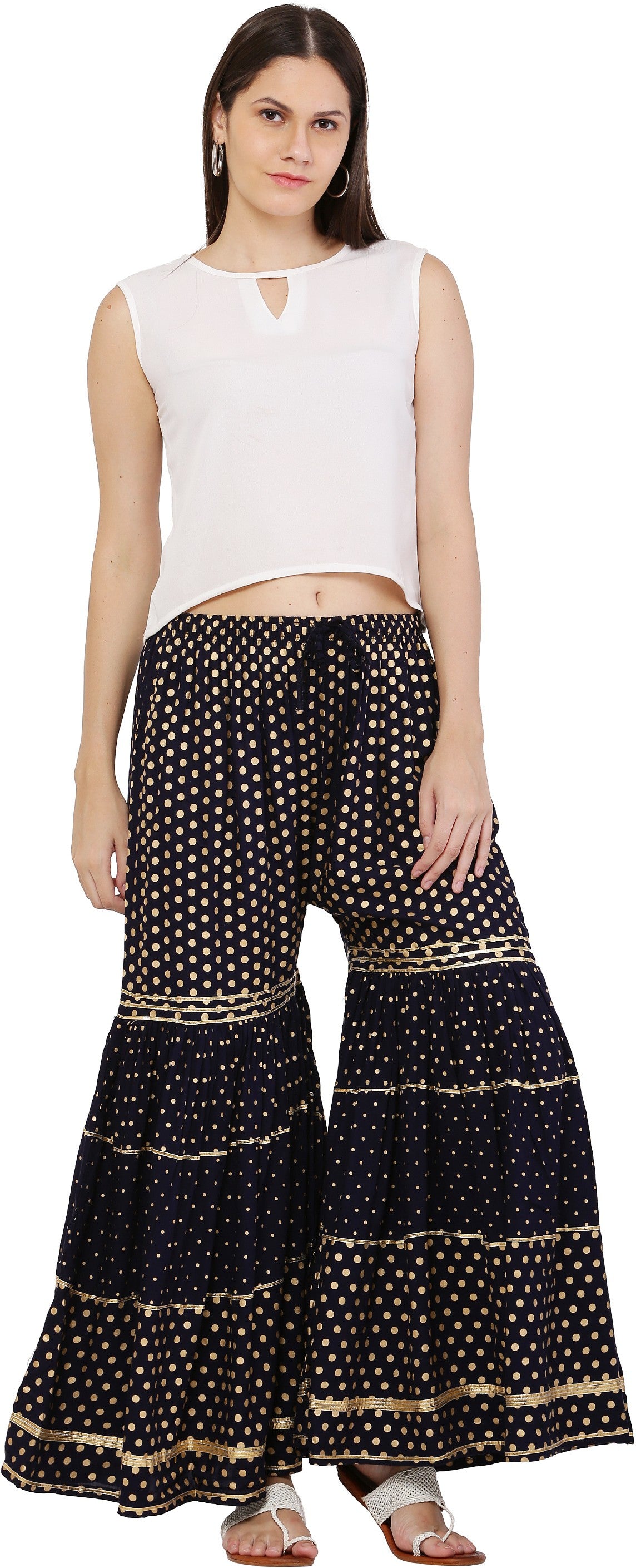 PAVONINE Black Color 3-Panels Golden Printed Flared Sharara For Women & Girls - Distacart