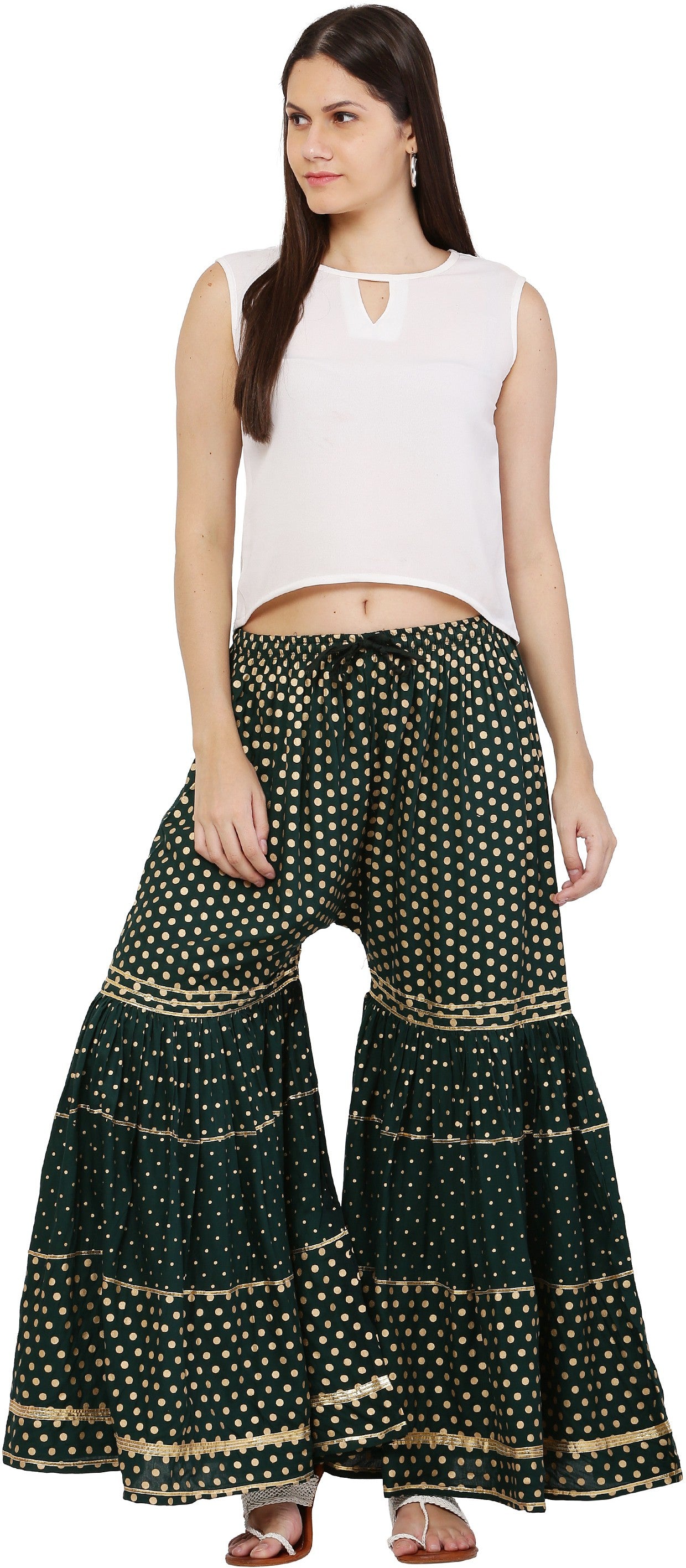 PAVONINE Bottle Green Color 3-Panels Golden Printed Flared Sharara For Women & Girls - Distacart