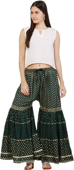 Thumbnail for PAVONINE Bottle Green Color 3-Panels Golden Printed Flared Sharara For Women & Girls - Distacart