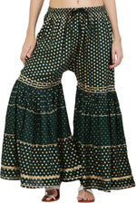 Thumbnail for PAVONINE Bottle Green Color 3-Panels Golden Printed Flared Sharara For Women & Girls - Distacart