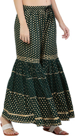 Thumbnail for PAVONINE Bottle Green Color 3-Panels Golden Printed Flared Sharara For Women & Girls - Distacart
