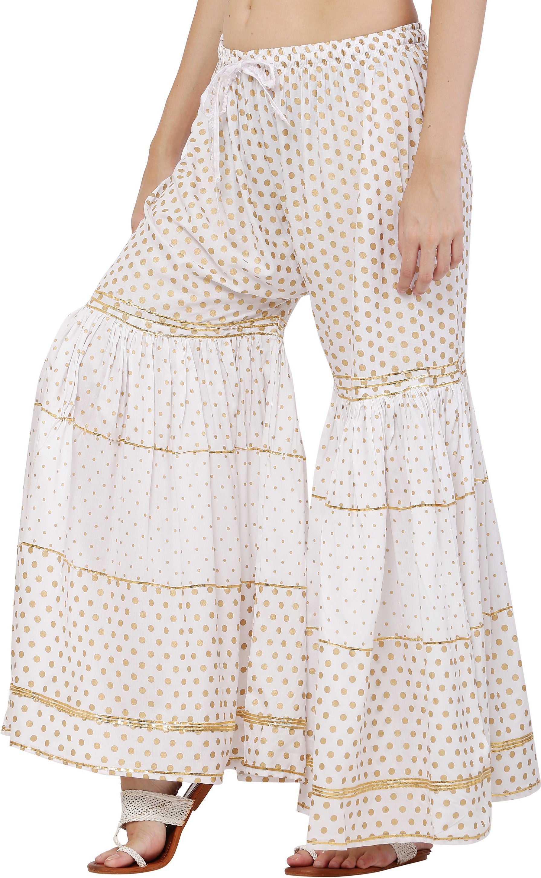 PAVONINE White Color 3-Panels Golden Printed Flared Sharara For Women & Girls - Distacart