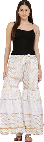 Thumbnail for PAVONINE White Color 3-Panels Golden Printed Flared Sharara For Women & Girls - Distacart