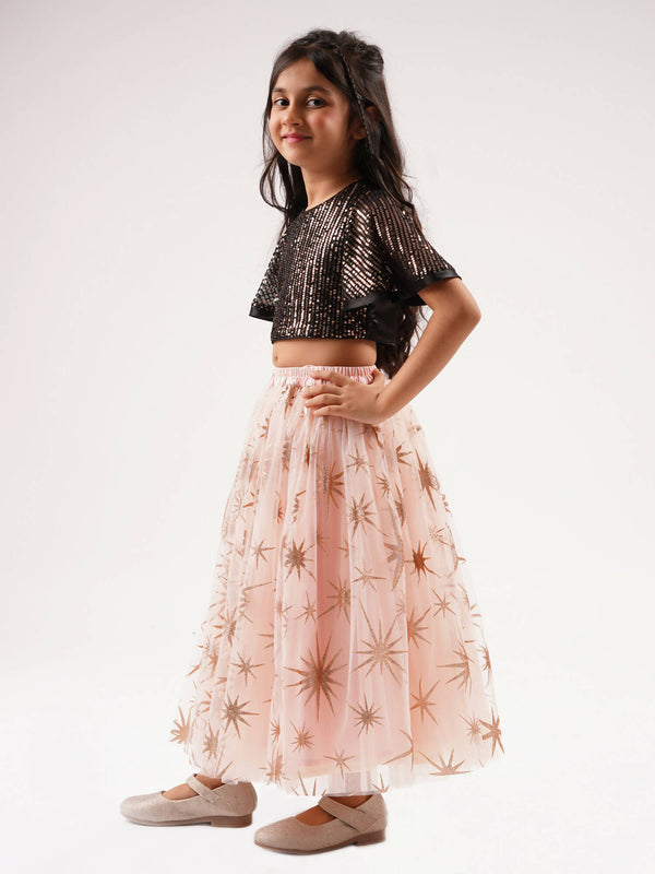 Lil Drama Paris Nights Girls Peach Sequin Choli Printed Lehanga - Distacart