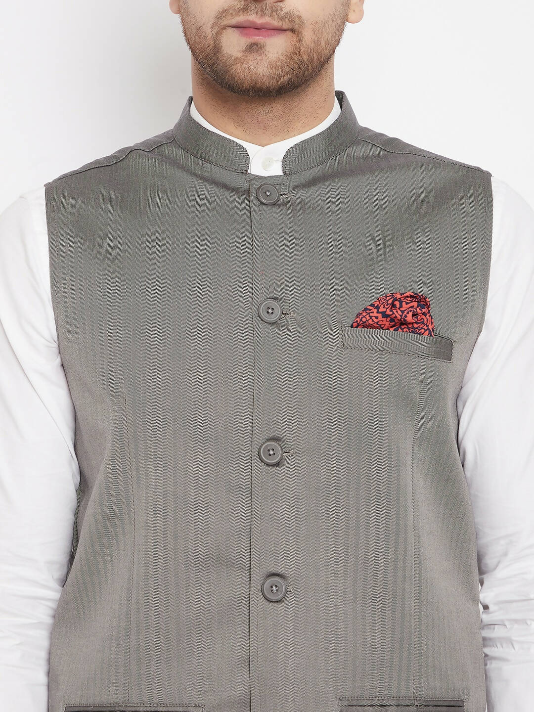 Even Apparels Grey Polyester Men's Nehru Jacket-Contrast Lining-Inbuilt Pocket Square - Distacart