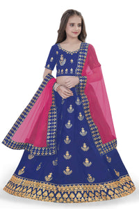 Thumbnail for Dwiden Royal Blue Kamal Tafetta Sattin Semi-Stitched Girl's Lehenga Choli - Distacart