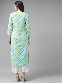 Thumbnail for Yufta Women Sea Green Bandhani Striped Regular Sequined Pure Cotton Kurta with Palazzo
