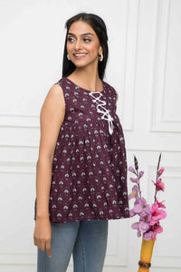 Thumbnail for Myshka Women Brown Solid Round Neck No Sleeves Pure Cotton Top - Distacart