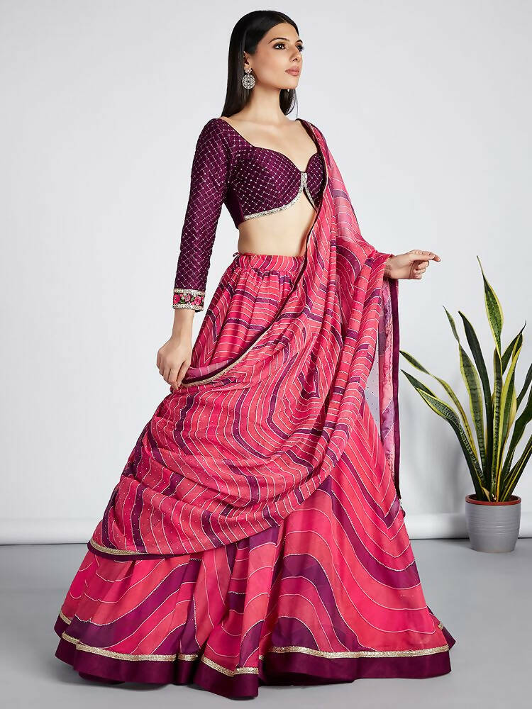 House of Panchhi Rose Organza Siroski Stone Work Leheriya Print Lehenga Choli & Dupatta - Distacart