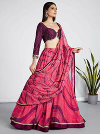 Thumbnail for House of Panchhi Rose Organza Siroski Stone Work Leheriya Print Lehenga Choli & Dupatta - Distacart