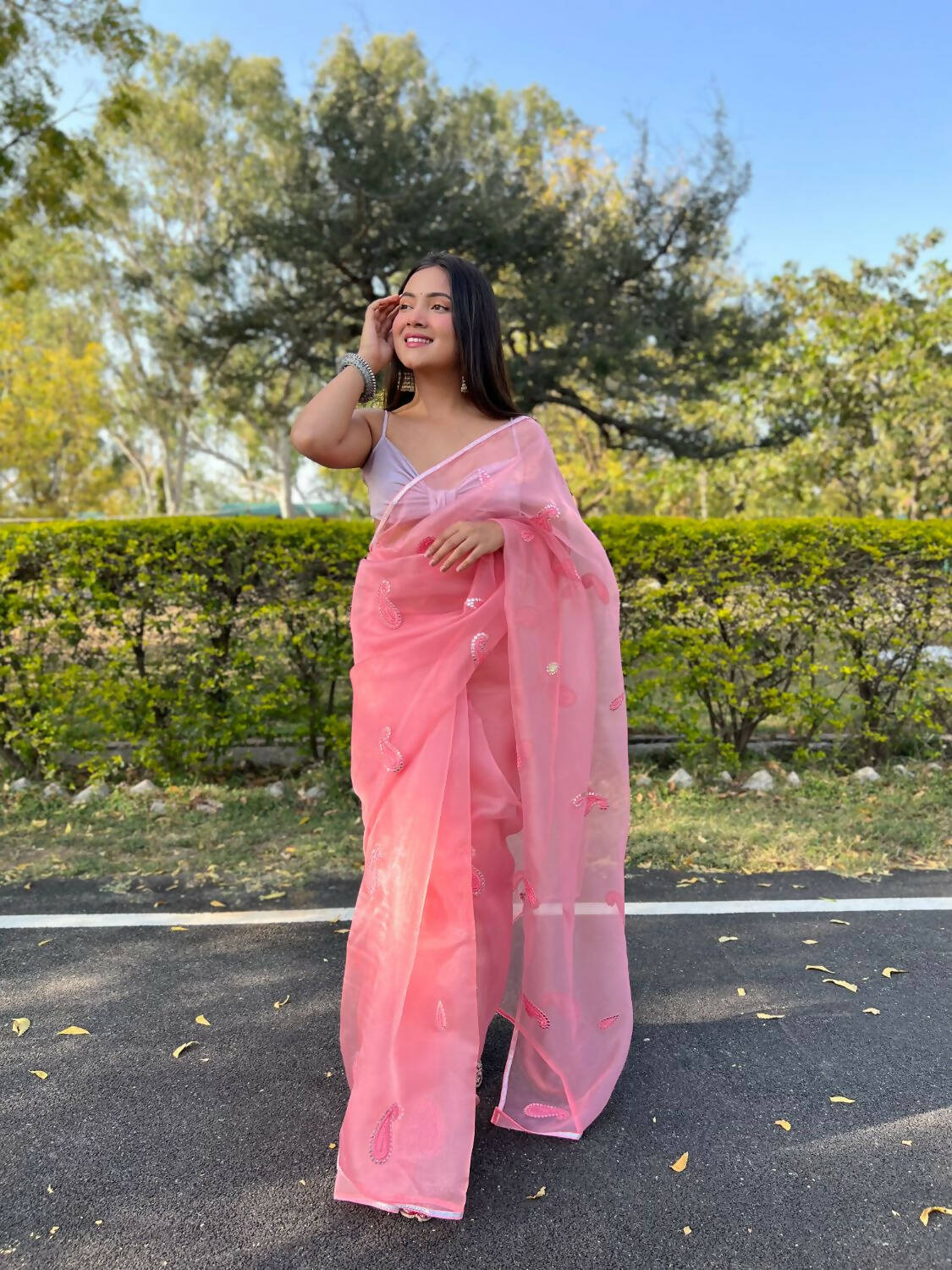 Vastrasky Pink Organza Saree - Distacart