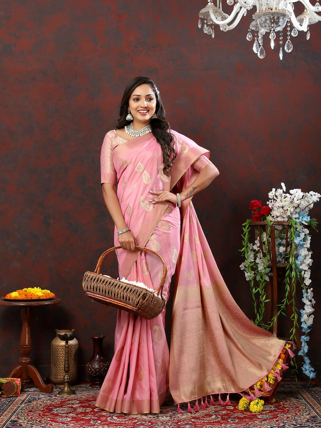 Lorenvalley Fashion Pink Cotton Woven Design with Zari Weaving Design Saree - Distacart