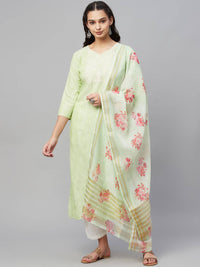 Thumbnail for Myshka Green Embroidered 3/4 Sleeve V Neck Kurta Pant Dupatta Set - Distacart