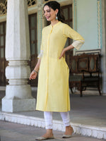 Thumbnail for Juniper Women's Yellow Cotton Slub Embroidered Straight Kurta - Distacart