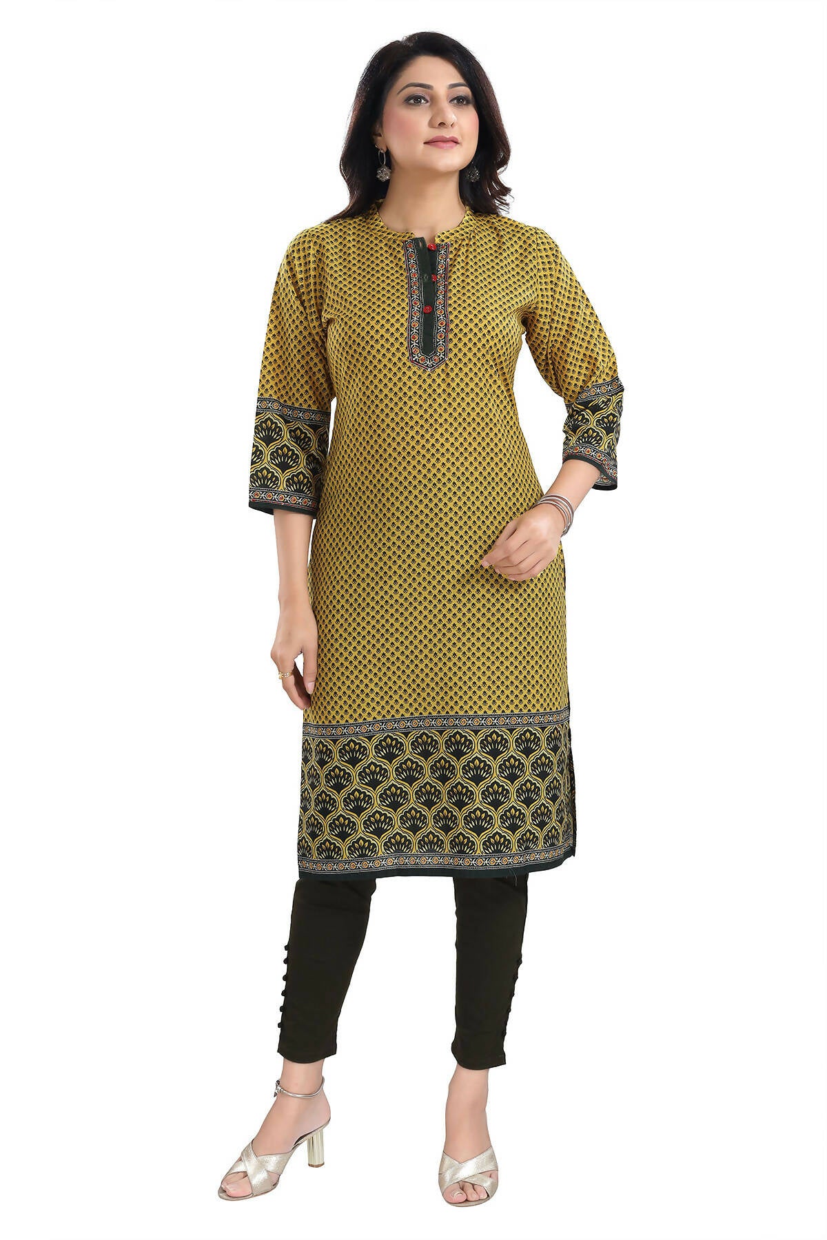 Snehal Creations Yellow Designer Digital Print Cotton Slub Fabric Long Kurti Tunic - Distacart