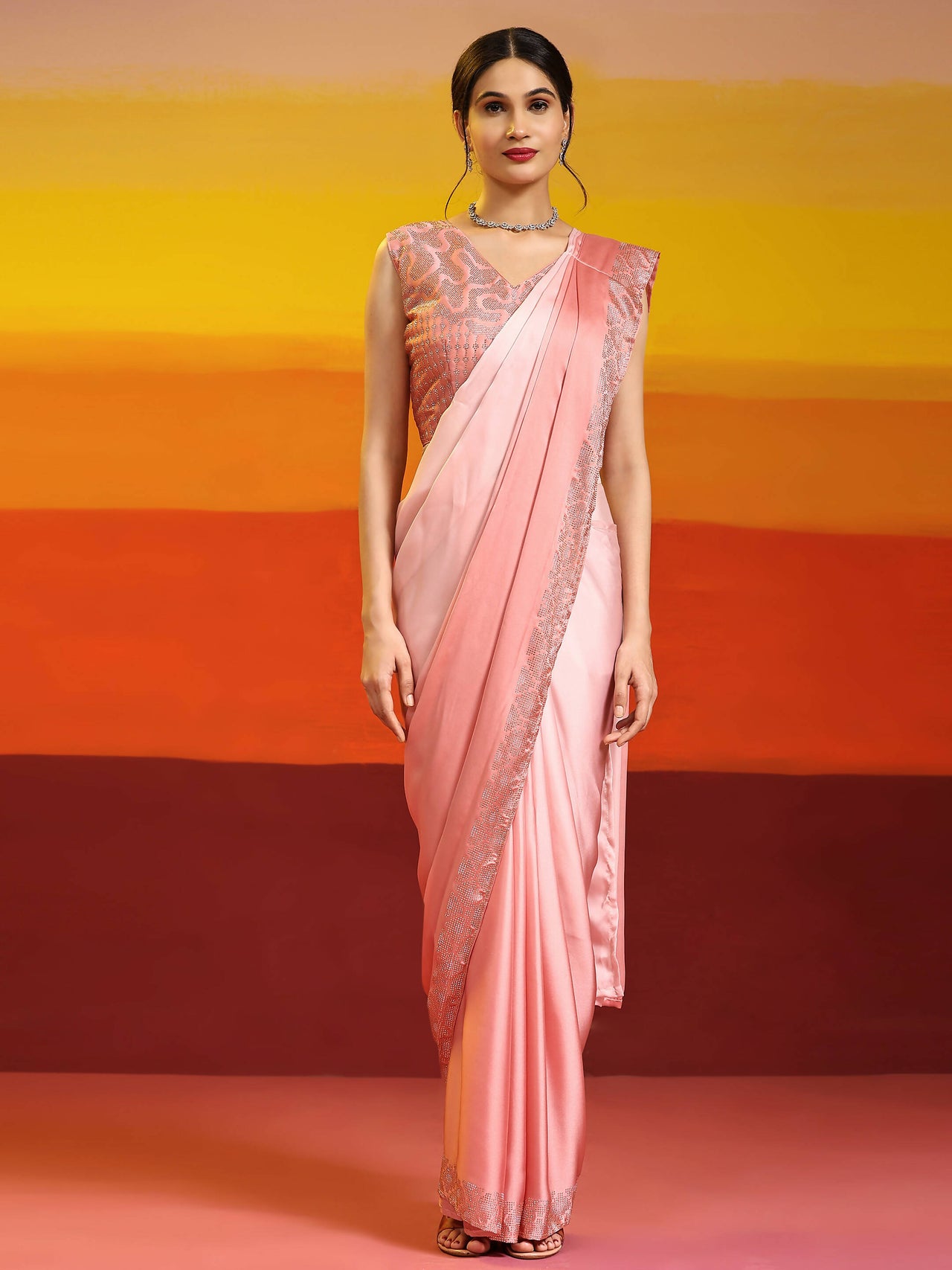 Peach Ombre Satin Georgette Plain Ready to wear Saree with stitched Blouse - Vrinda - Distacart