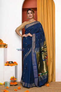 Thumbnail for Very Much Indian Handloom Pure Cotton Paithani Saree- Royal Blue - Distacart