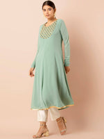 Thumbnail for Indya Green Embroidered A-Line Kurta - Distacart