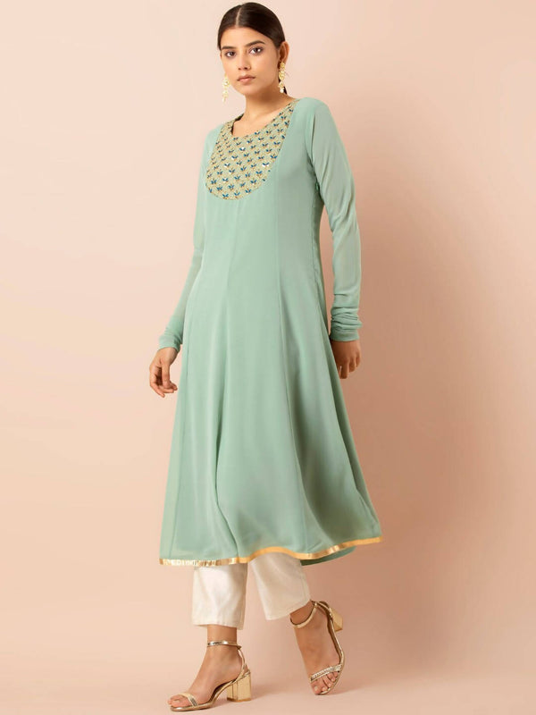 Indya Green Embroidered A-Line Kurta - Distacart