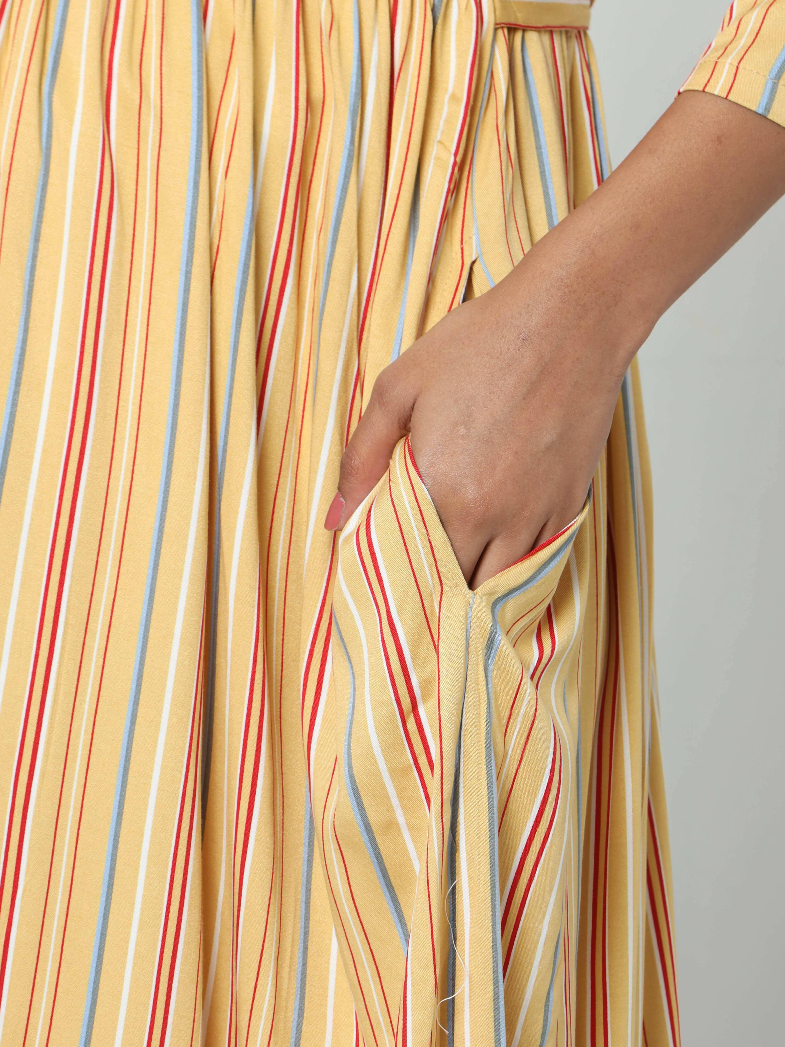 Manet Three Fourth Maternity Dress Striped With Concealed Zipper Nursing Access - Yellow - Distacart